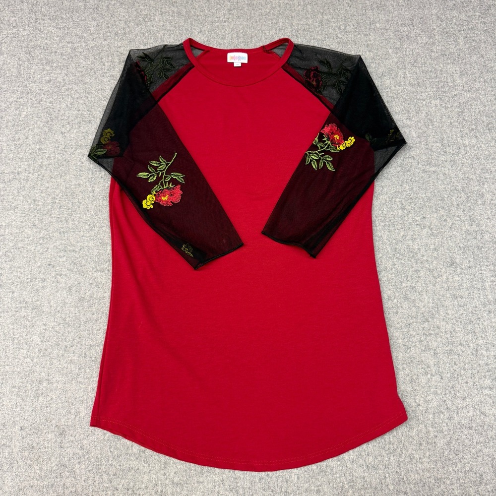 LuLaRoe Randy Top Size Medium Red Black Mesh Floral Embroidered Raglan Tee Shirt